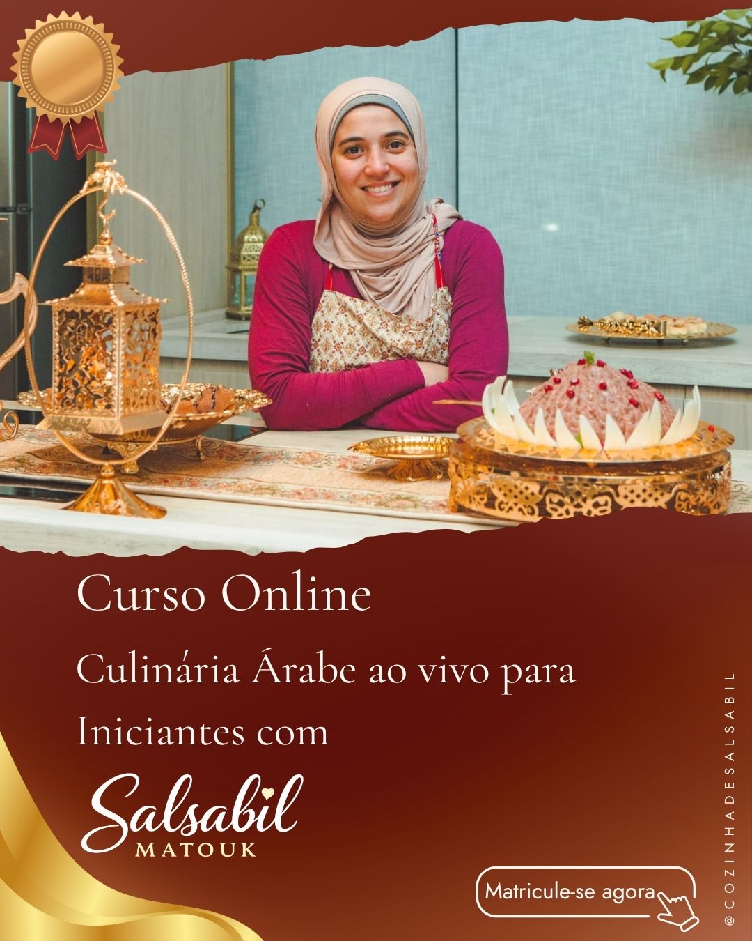 Chef Salsabil Matouk em aula de culinária árabe — curso online ao vivo para iniciantes